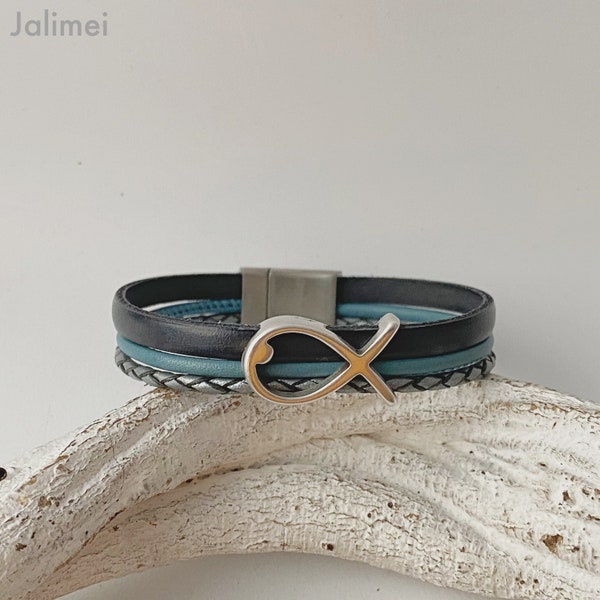 Armband Leder mit Fisch Konfirmation Kommunion Taufe anthrazit blau Geschenk