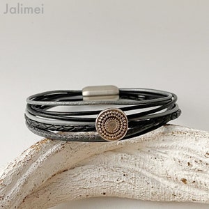 Bracelet leather with small element black grey
