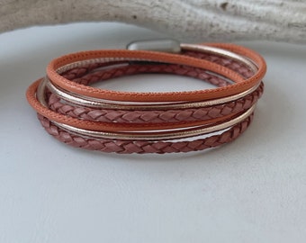 Wickelarmband Leder Nappa und geflochten orange rosegold braun