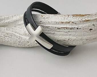 Leather bracelet with cross, black, for Confirmation, Communion, Baptism, gift