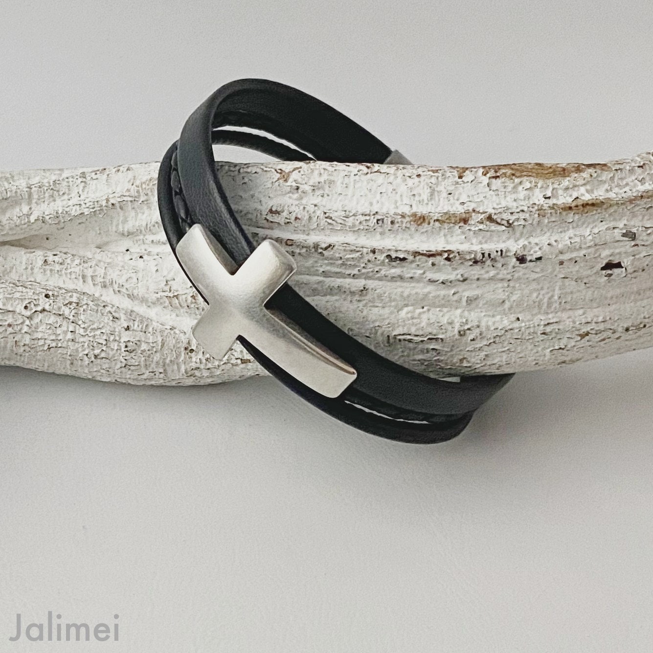 Armband Leer Kruis Zwart Bevestiging Communie Doop Geschenk
