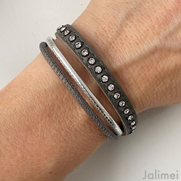 Armband Leder Strass Swarovski dunkelgrau