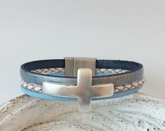 Leather bracelet with cross, confirmation, grey, light blue