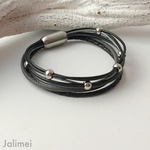 Leather bracelet Nappa grey black with pearls