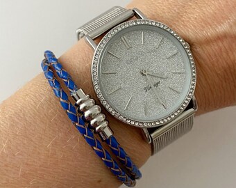 Wrap bracelet, braided leather, blue