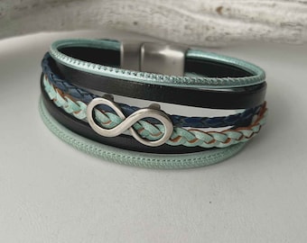 Leather bracelet Infinity Navy blue mint green