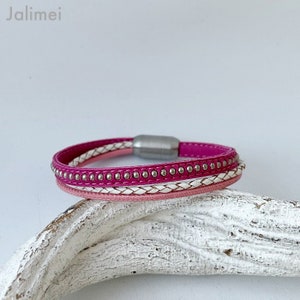 simple leather bracelet with chainball pink pink white image 2