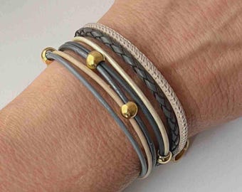 Lederarmband Nappa grau beige goldfarben