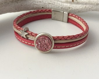 Armband leer ster cabochon roze