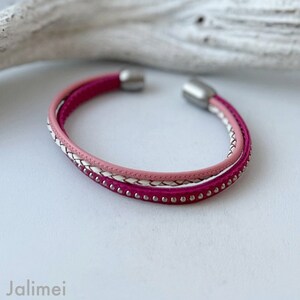 simple leather bracelet with chainball pink pink white image 5