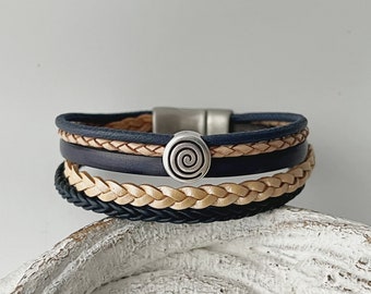 Pulsera de cuero con espiral, color azul oscuro beige.
