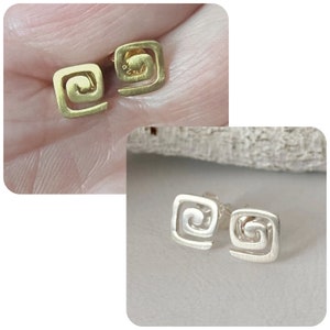 Stud earrings square spiral 925 silver and gold