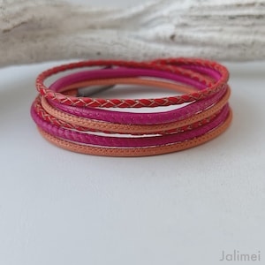 Wrap bracelet leather nappa and braided orange pink red