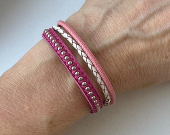 simple leather bracelet with chainball pink pink white