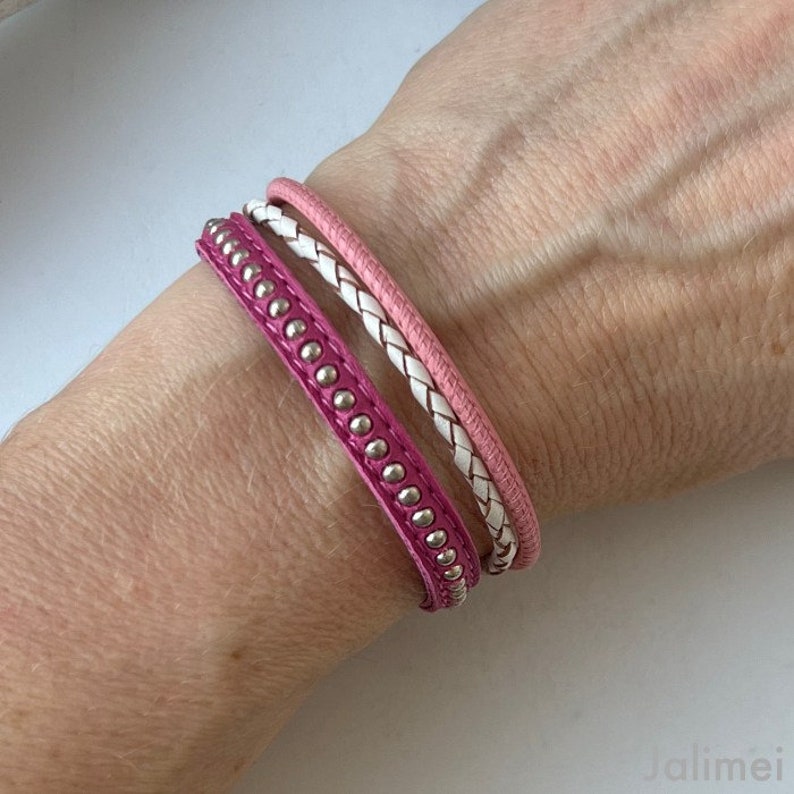simple leather bracelet with chainball pink pink white image 1