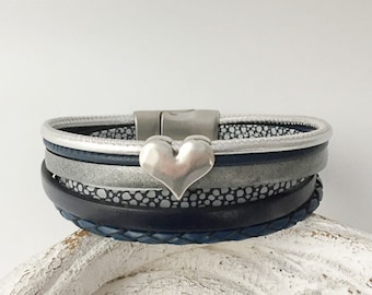 Armband Leder mit Herz blau grau