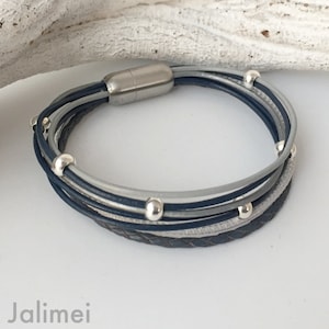 Nappa leather bracelet, dark blue / navy / grey with pearls