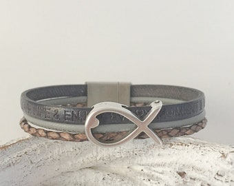 Armband Leer met Vis Grijs Bevestigingscadeau