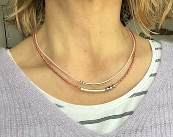 kurze Kette Ledercollier mit Röhrchen u. Kugeln Nappa antikrosa