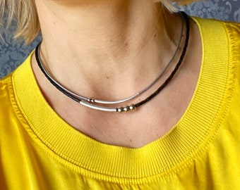 Kette Ledercollier Damen mit Röhrchen und Kugeln schwarz grau