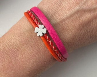 Armband Leder mit Kleeblatt pink rot orange