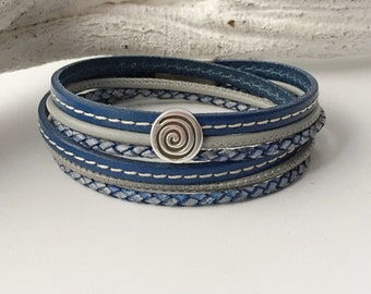 Wickelarmband Leder mit Spirale blau grau