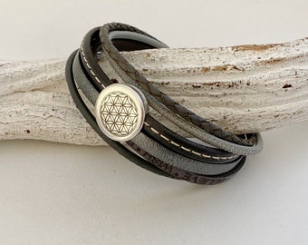 Leather bracelet with gray flower of life