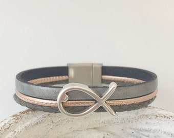 Bracelet leather fish gray-rose gold confirmation, communion, baptism