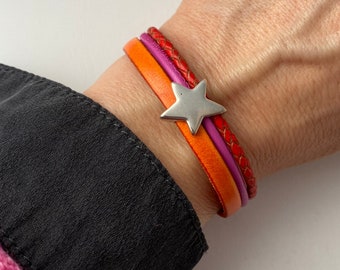 Armband Leder mit Stern orange pink rot