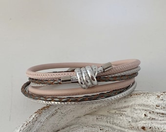Wickelarmband Leder mit Knoten rosa grau
