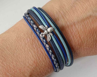 Leather bracelet with bee, blue, country women