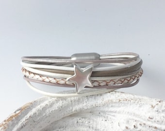 Pulsera de cuero con estrella, color blanco topo