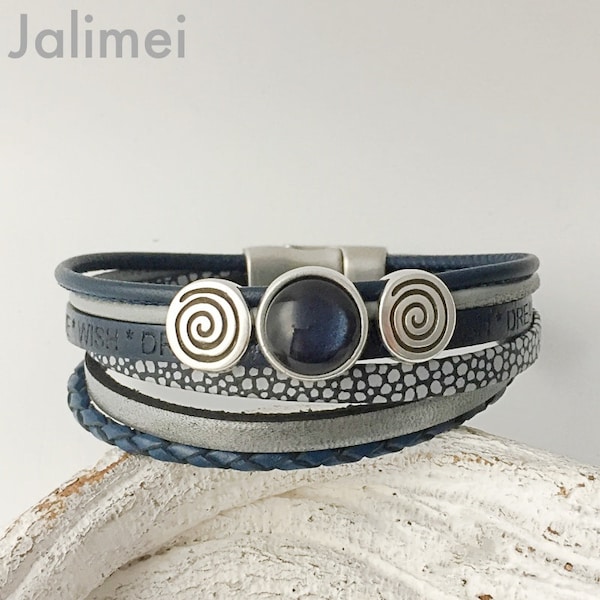 Armband Leder mit Cabochon dunkelblau grau