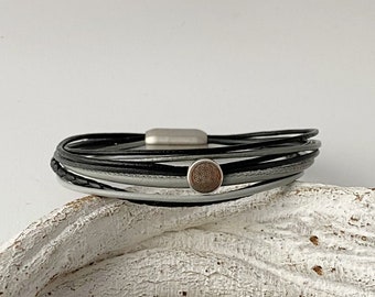 Pulsera de cuero con flor de la vida negro gris