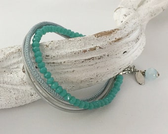 Wickelarmband Leder und Perle mint grün