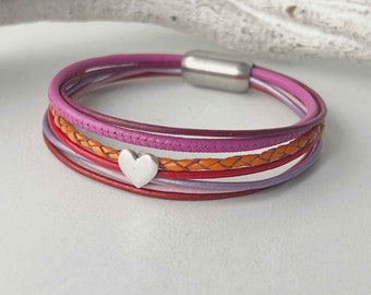 Leather bracelet with small heart orange pink red purple