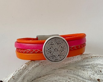 Armband Leder Mandala orange pink rot