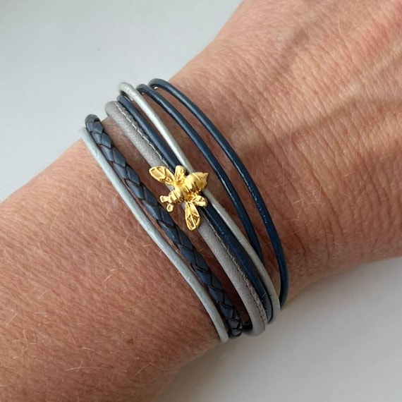 Bracelet Leather With Golden Bee Blue Gray UK - Main Image