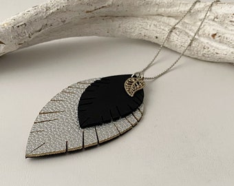 Long necklace with leaf black silver