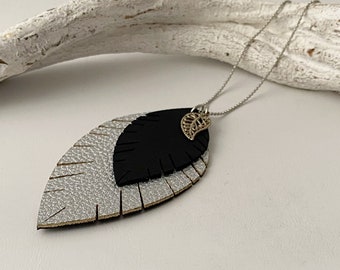 Lange Kette mit Blatt schwarz silber