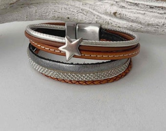 Lederarmband mit Stern grau braun silber