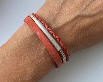 Vintage leather bracelet with red tube