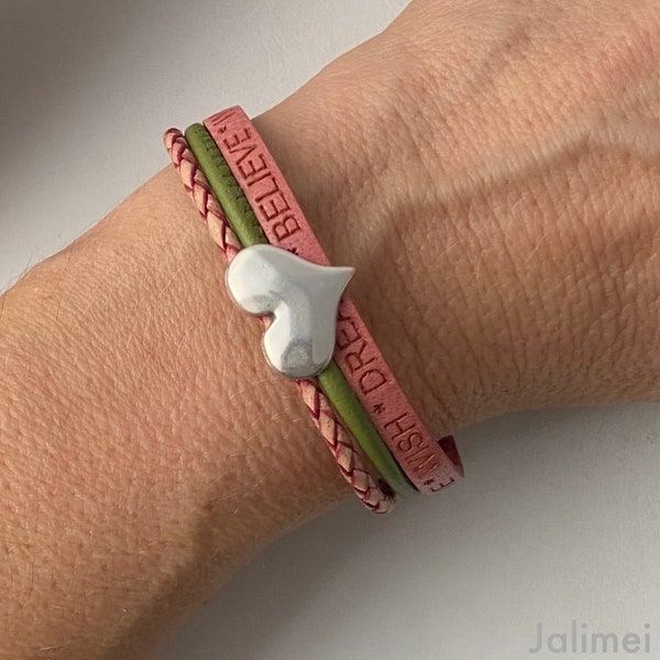 Bracelet leather with heart pink olive green