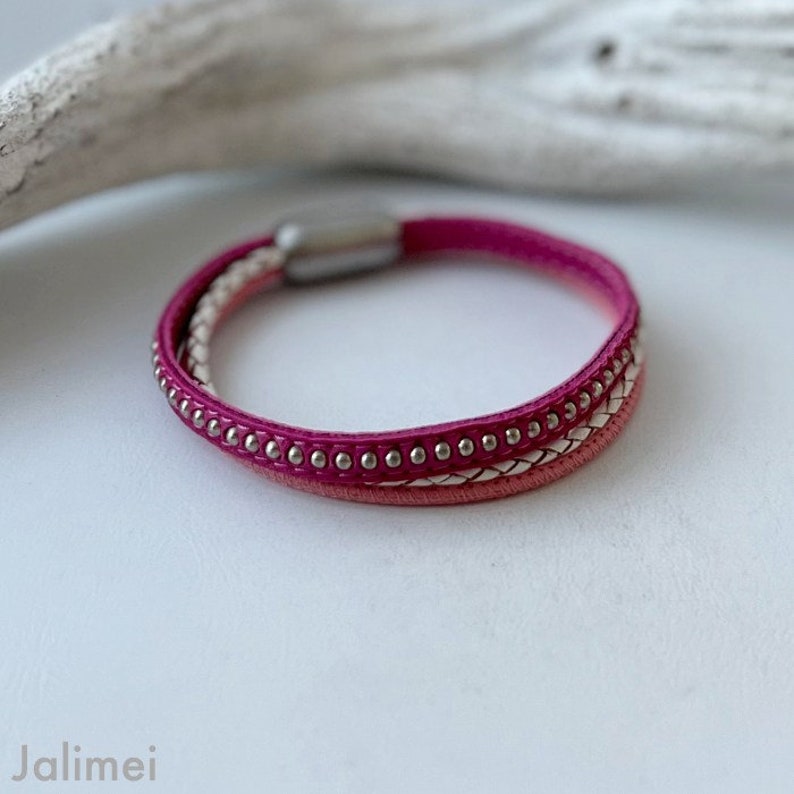 simple leather bracelet with chainball pink pink white image 4