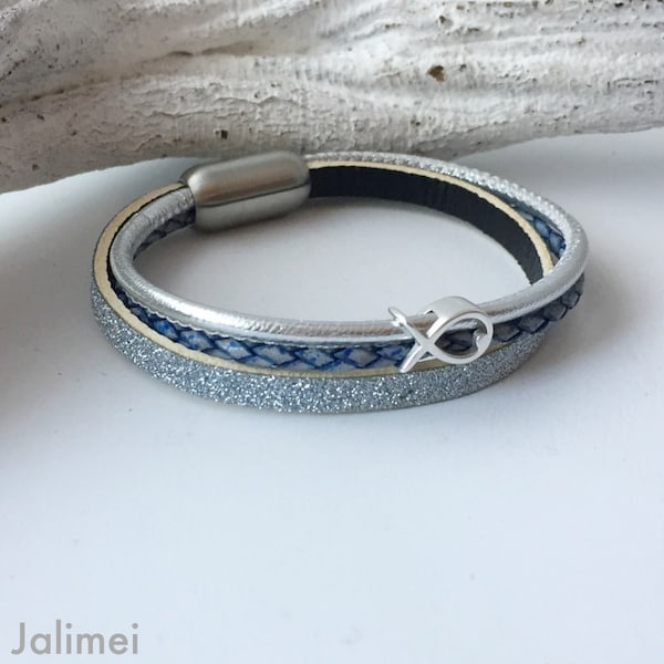 Bracelet leather fish light blue glitter confirmation gift