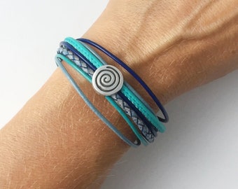 Armband Leder mit Spirale blau-türkis