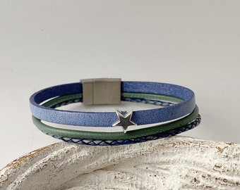 Armband Leder mit Sternchen hellblau grün