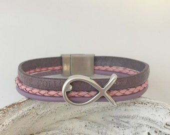 Armband Leder mit Fisch rosa lila