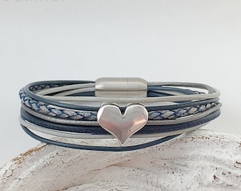 Armband Leder mit Herz blau grau