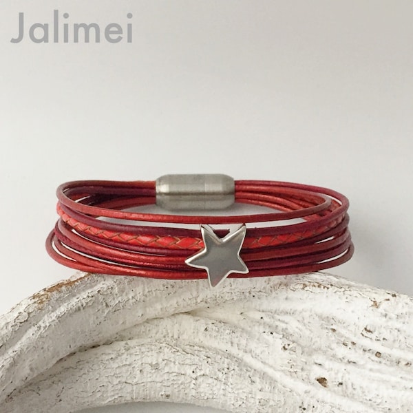 Armband Leder mit Stern rot